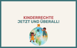 Grafik einer Weltkugel mit Figuren von Kindern die Drachen steigen lassen und der Aufschrift 